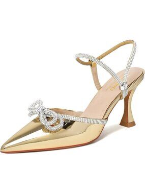 Women's Gold Kitten Pointed Closed Toe Bow Pumps High Heels Prom Dressy Shoes